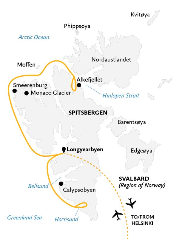 Introduction to Spitsbergen: Fjords, Glaciers and Wildlife of Svalbard Map